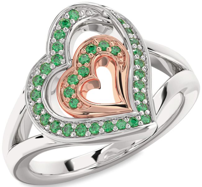 Emerald Rose Gold Silver Heart Ring