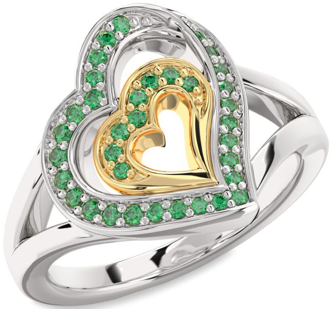 Emerald Gold Silver Heart Ring