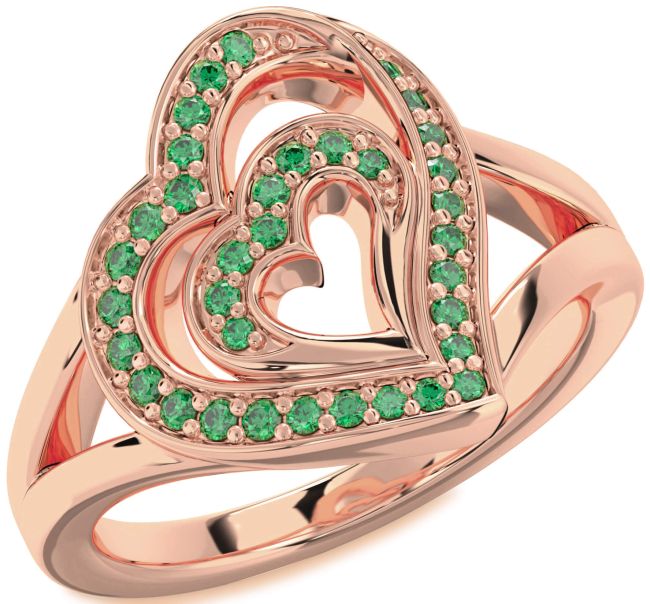 Emerald Rose Gold Silver Heart Ring
