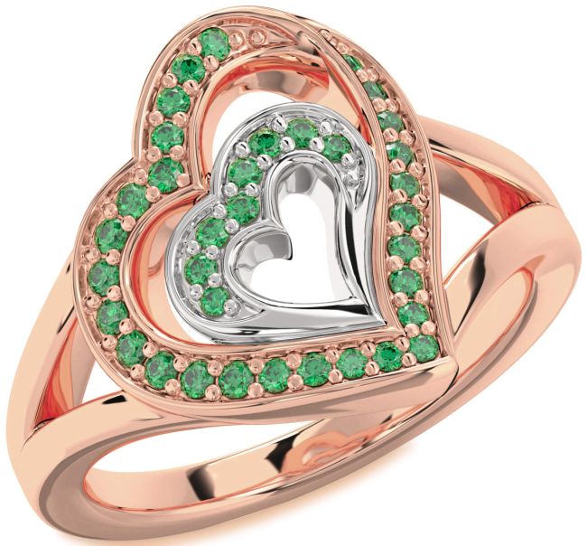 Emerald Rose Gold Silver Heart Ring