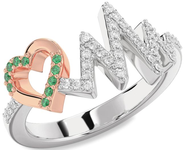 Diamond Emerald Rose Gold Silver Heart Ring