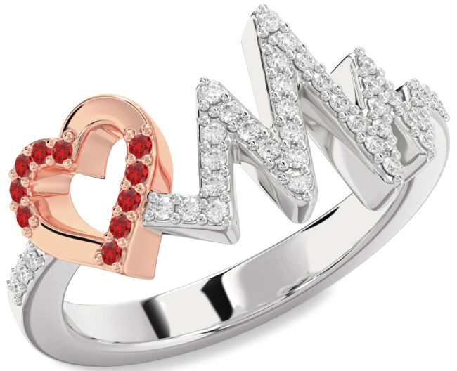 Diamond Ruby Rose Gold Silver Heart Ring