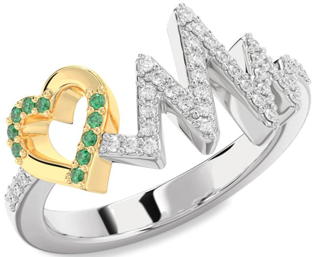 Diamond Emerald Gold Silver Heart Ring