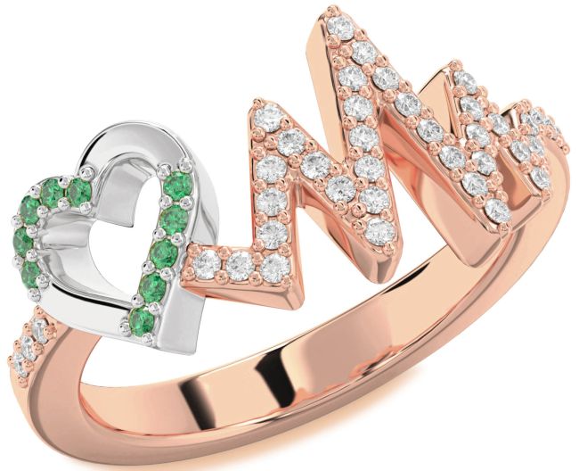 Diamond Emerald Rose Gold Silver Heart Ring