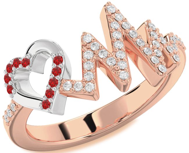 Diamond Ruby Rose Gold Silver Heart Ring