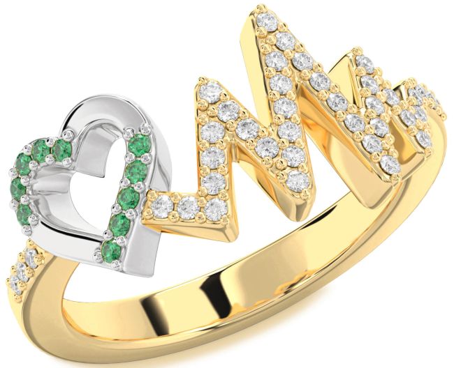 Diamond Emerald Gold Silver Heart Ring