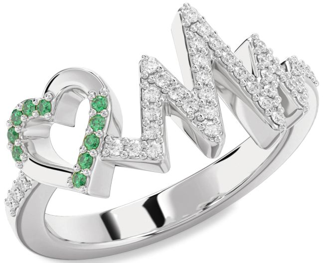 Diamond Emerald Silver Heart Ring