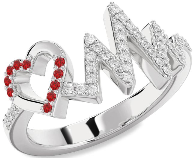 Diamond Ruby Silver Heart Ring
