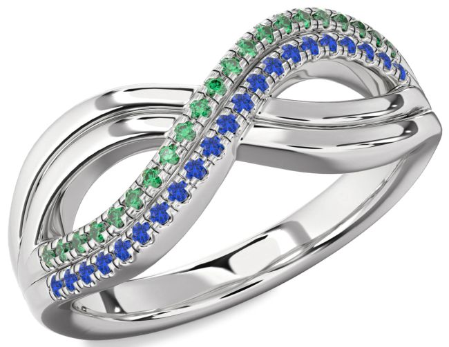 Emerald & Blue Sapphire Silver Infinity Round Promise Ring