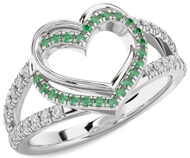 Diamond Emerald Silver Heart Ring