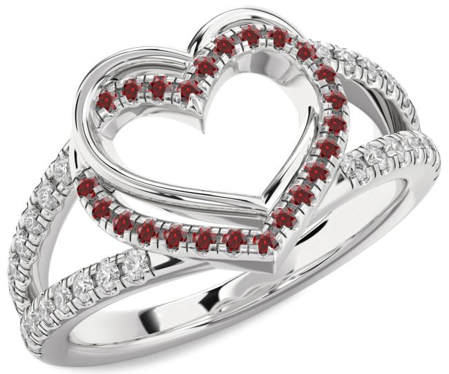 Diamond Garnet Platinum Heart Ring