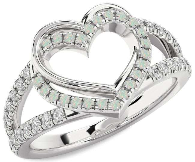 Diamond Opal Platinum Heart Ring