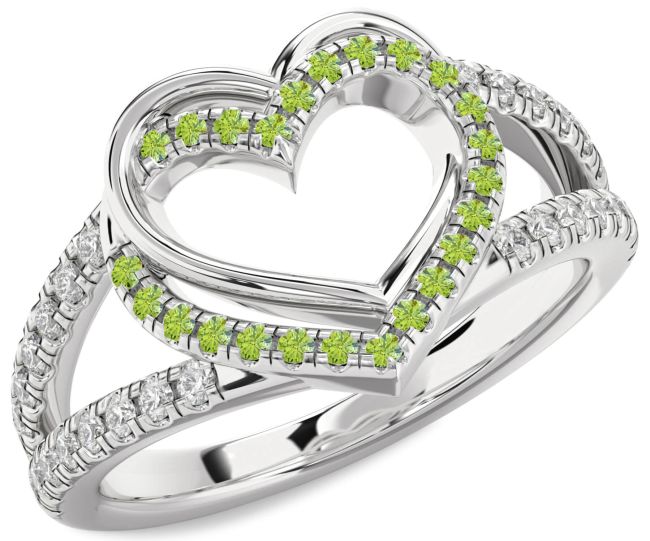 Diamond Peridot Silver Heart Ring