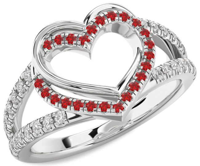 Diamond Ruby Silver Heart Ring