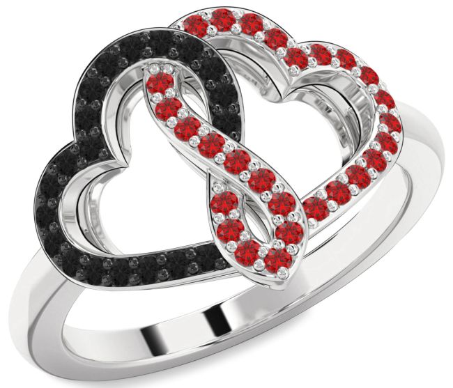 Black Diamond & Ruby Silver Heart Infinity Promise Ring