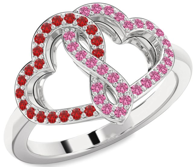 Ruby & Pink Sapphire Silver Heart Infinity Promise Ring