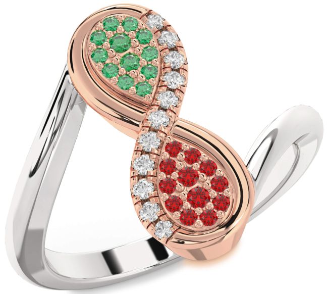 Diamond Emerald & Ruby Rose Gold Silver Infinity Round Promise Ring