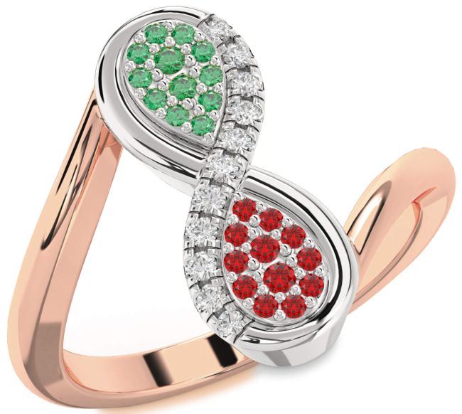 Diamond Emerald & Ruby Rose Gold Silver Infinity Round Promise Ring