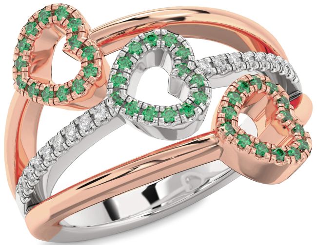 Diamond Emerald Rose Gold Silver Heart Ring