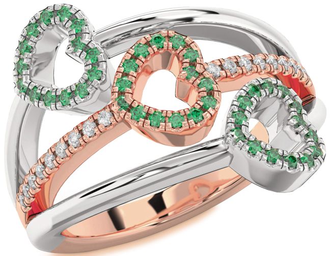Diamond Emerald Rose Gold Silver Heart Ring
