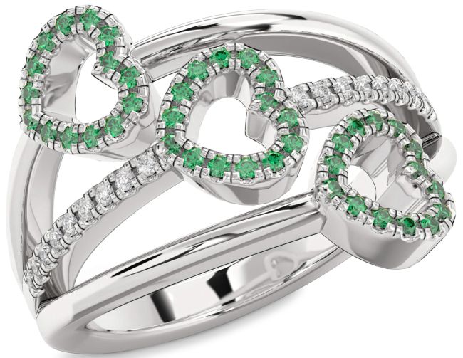 Diamond Emerald Silver Heart Ring