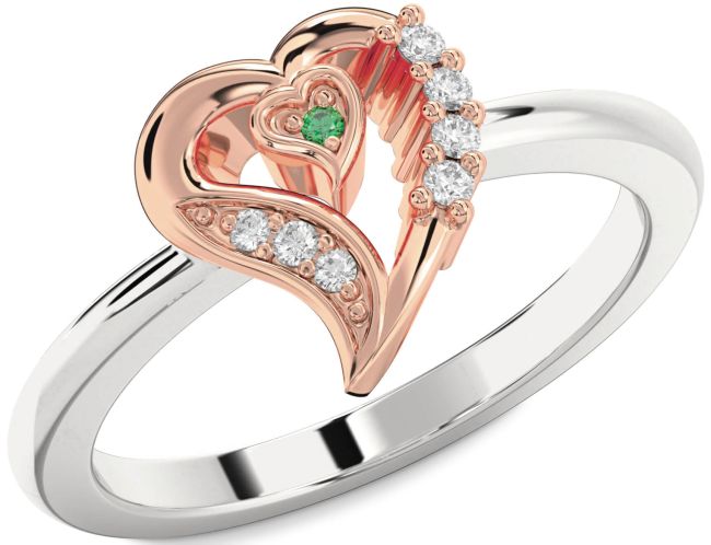 Diamond Emerald Rose Gold Silver Heart Ring