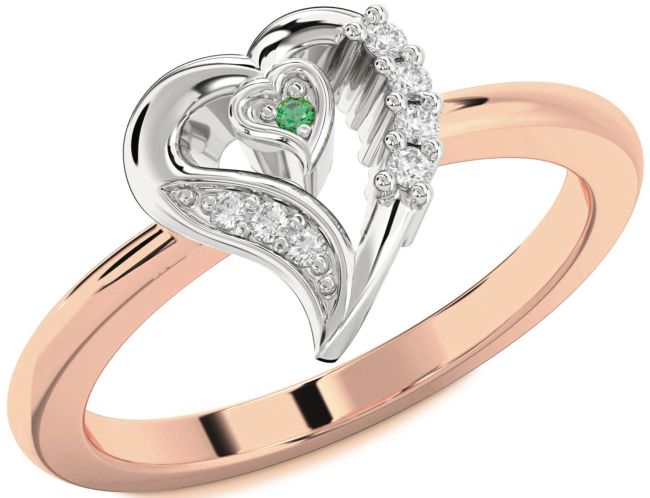 Diamond Emerald Rose Gold Silver Heart Ring