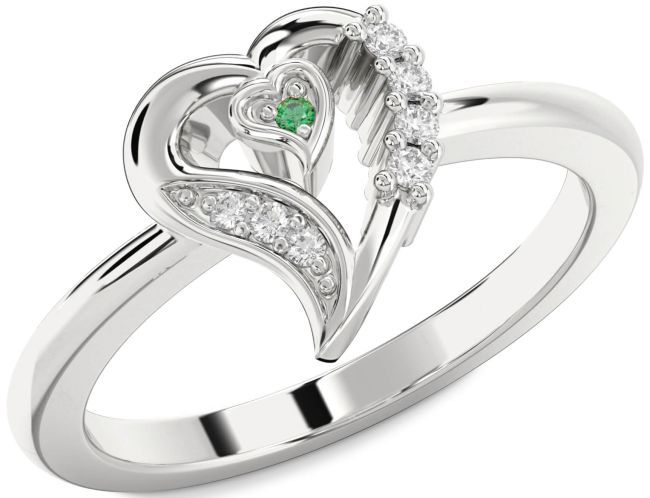 Diamond Emerald Silver Heart Ring