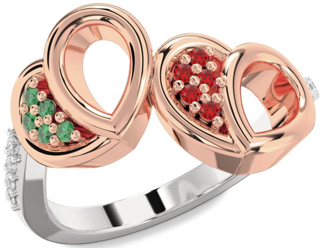 Diamond Emerald & Ruby Rose Gold Silver Heart Promise Ring