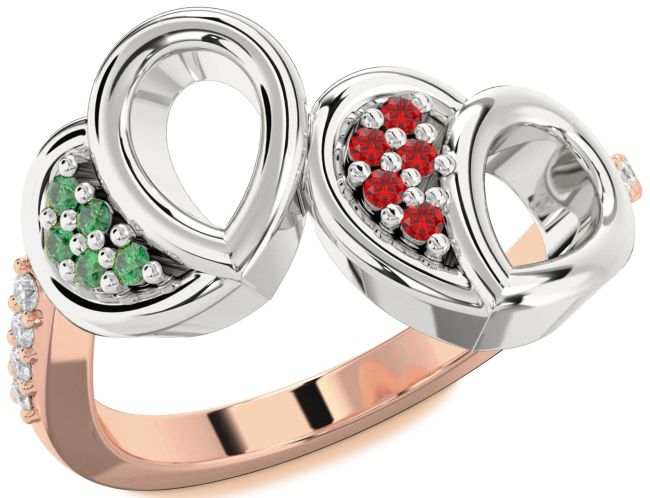 Diamond Emerald & Ruby Rose Gold Silver Heart Promise Ring