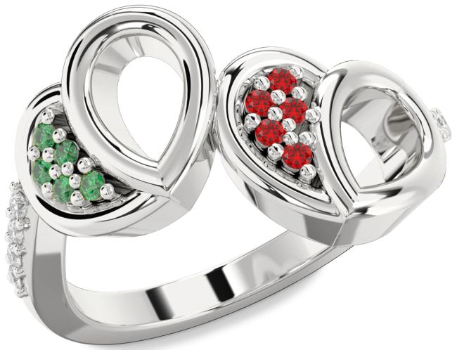 Diamond Emerald & Ruby Silver Heart Promise Ring