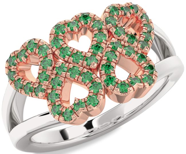 Emerald Rose Gold Silver Heart Ring