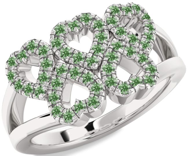 Green Diamond Silver Heart Ring