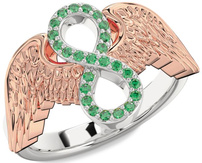 Emerald Rose Gold Silver Infinity Wings Ring