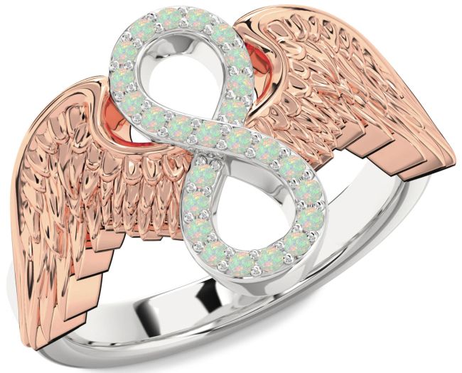 Opal Rose Gold Silver Infinity Wings Ring
