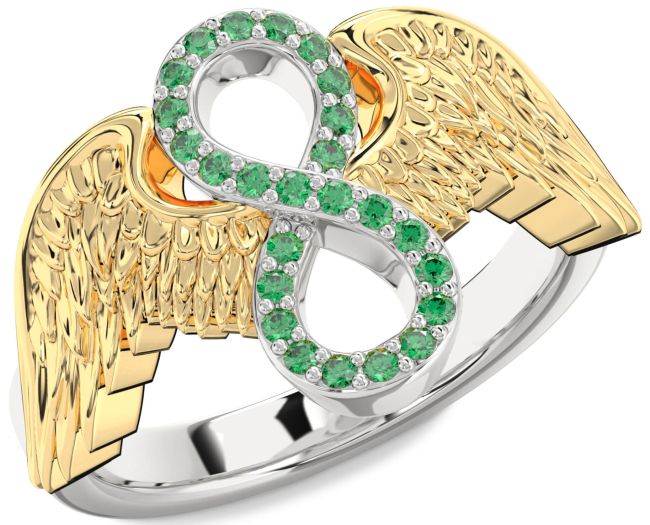 Emerald Gold Silver Infinity Wings Ring
