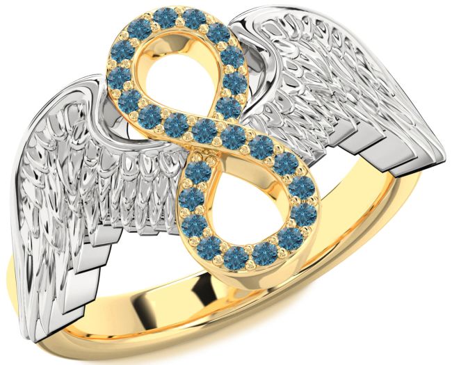 Blue Diamond Gold Silver Infinity Wings Ring