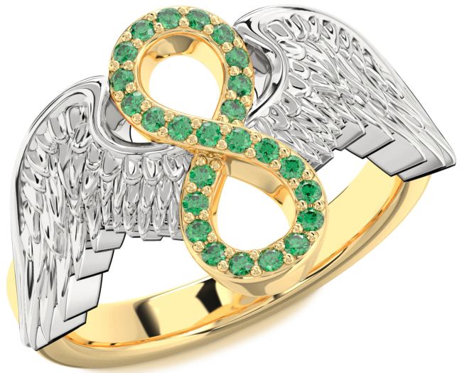 Emerald Gold Silver Infinity Wings Ring