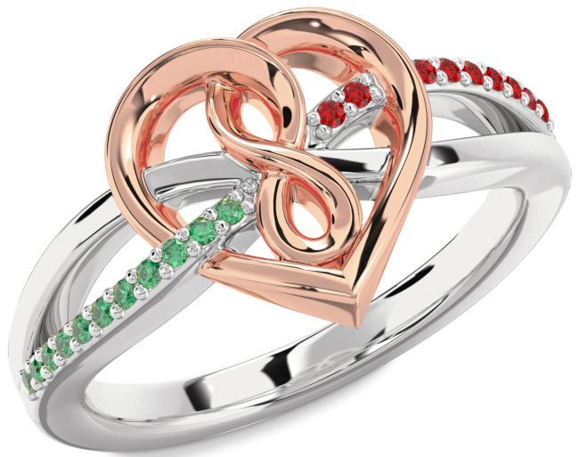 Emerald & Ruby Platinum & Rose Gold Heart Infinity Promise Ring