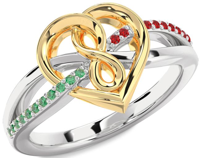 Emerald & Ruby Gold Silver Heart Infinity Promise Ring