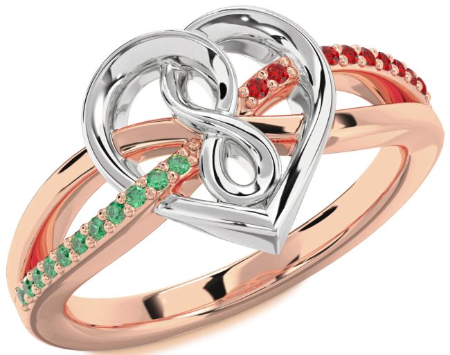 Emerald & Ruby Rose Gold Silver Heart Infinity Promise Ring