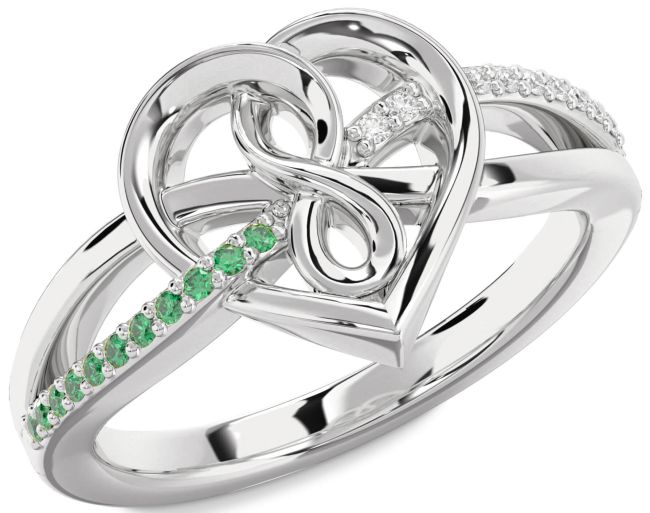 Diamond & Emerald Silver Heart Infinity Promise Ring