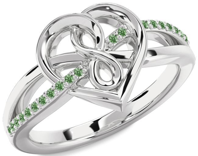 Green Diamond Silver Heart Infinity Ring