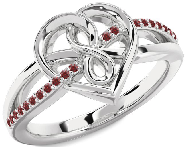 Garnet Silver Heart Infinity Ring