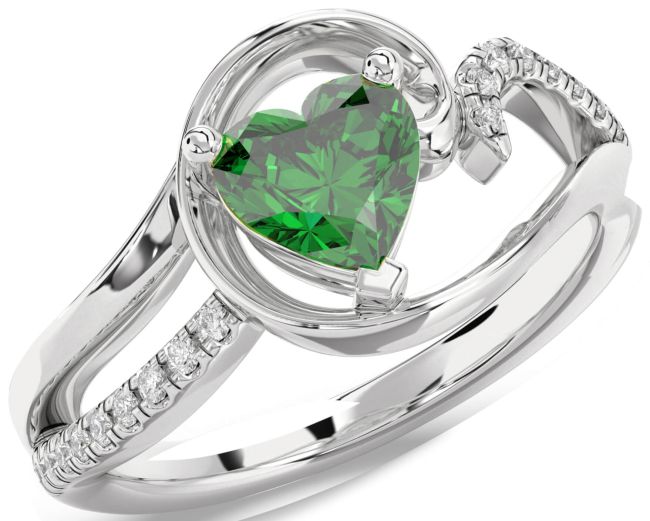 Diamond Emerald Silver Heart Solitaire Engagement Ring