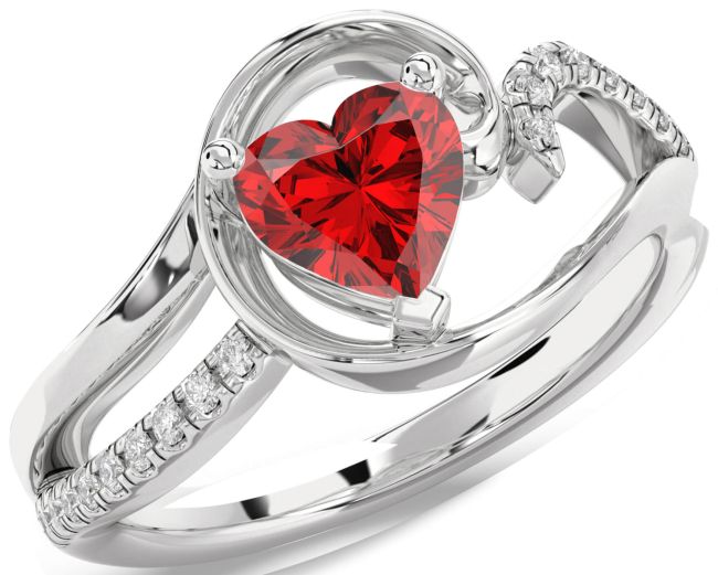 Diamond Ruby Silver Heart Solitaire Engagement Ring