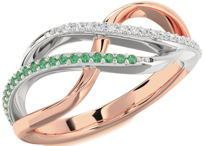 Diamond & Emerald Rose Gold Silver Infinity Round Promise Ring