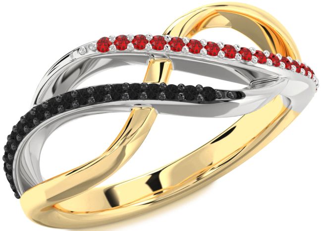 Black Diamond & Ruby Gold Silver Infinity Round Promise Ring