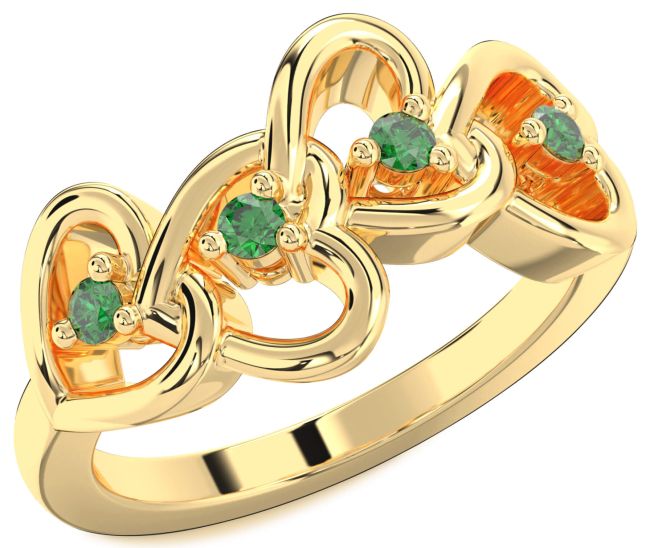 Emerald Gold Silver Heart Four Stone Birthstone Ring
