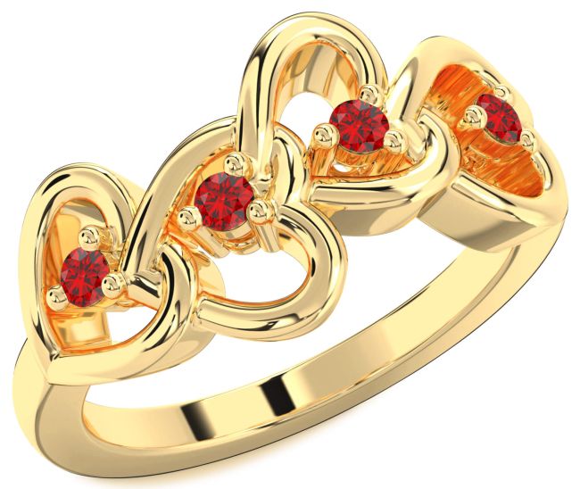 Ruby Gold Silver Heart Four Stone Birthstone Ring